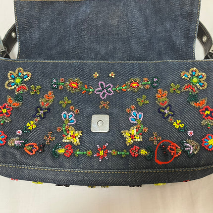 Sold FENDI Baguette Blue Denim with beaded Flower Embroidery