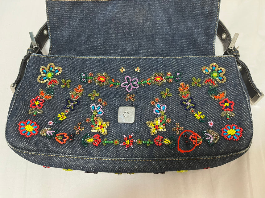 Sold FENDI Baguette Blue Denim with beaded Flower Embroidery