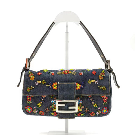 Sold FENDI Baguette Blue Denim with beaded Flower Embroidery-Luxbags