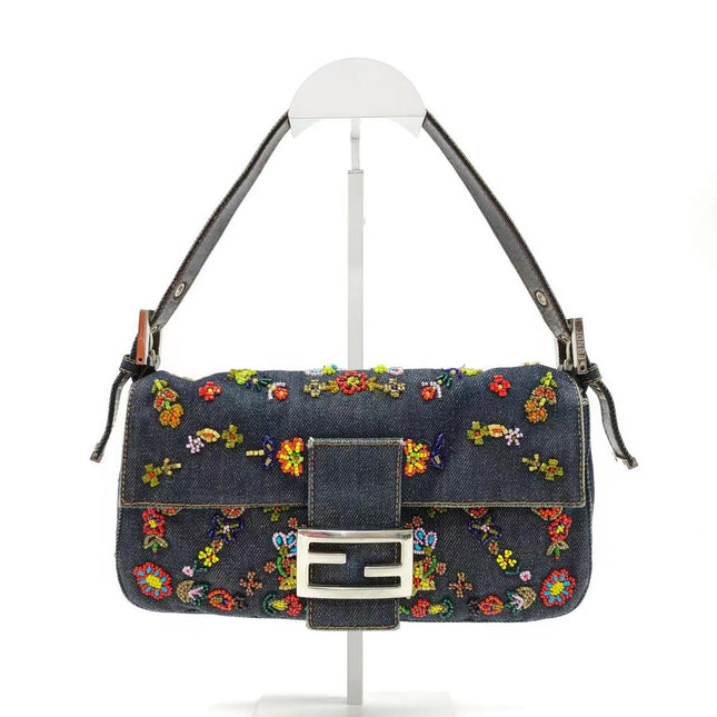 Sold FENDI Baguette Blue Denim with beaded Flower Embroidery-Luxbags