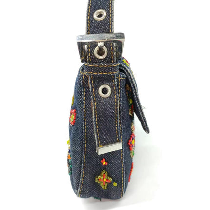 Sold FENDI Baguette Blue Denim with beaded Flower Embroidery