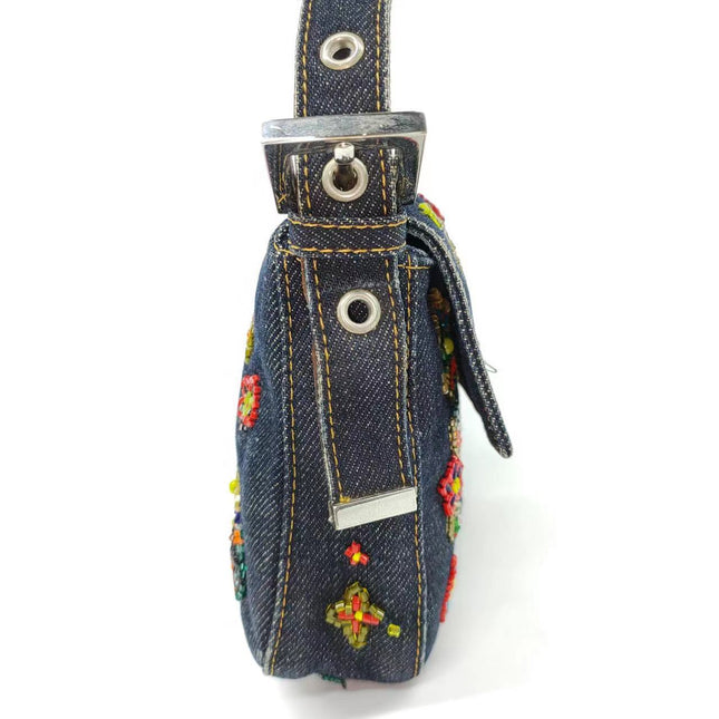 Sold FENDI Baguette Blue Denim with beaded Flower Embroidery