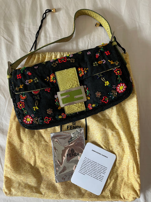Sold FENDI Baguette Black Canvas with beaded Flower Embroidery