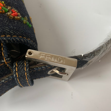 Sold FENDI Baguette Blue Denim with beaded Flower Embroidery