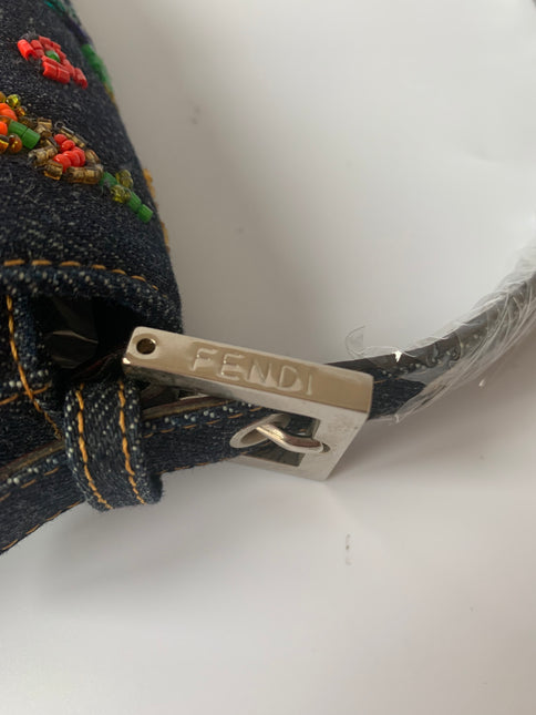 Sold FENDI Baguette Blue Denim with beaded Flower Embroidery