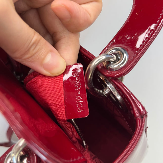 Sold Lady Dior Patent Leather Burgundy Mini handbag Cannage Leather with strap