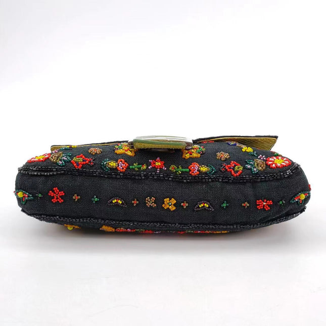 Sold FENDI Baguette Black Canvas with beaded Flower Embroidery