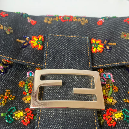 Sold FENDI Baguette Blue Denim with beaded Flower Embroidery