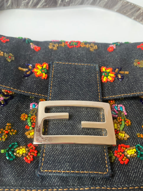 Sold FENDI Baguette Blue Denim with beaded Flower Embroidery