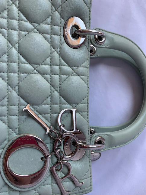 Sold Lady Dior Medium Mint Cannage Lambskin Leather with silver hardware and strap