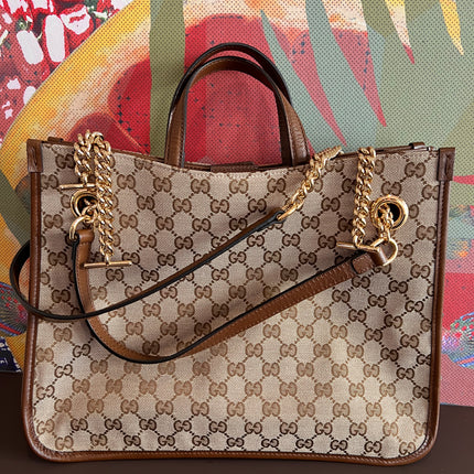 Sold Gucci 1956 horsebit chain tote in monogram canvas and brown leather