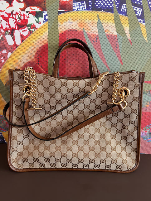 Sold Gucci 1956 horsebit chain tote in monogram canvas and brown leather