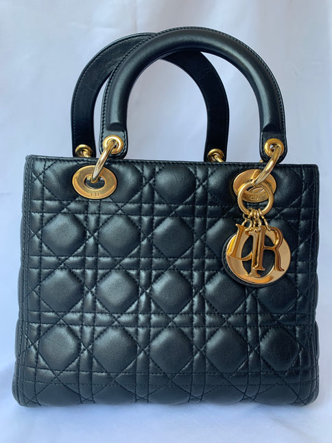 Sold Lady Dior Medium Black Cannage Lambskin Leather