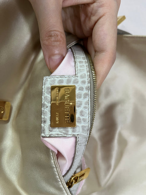 Sold FENDI Baguette Cream Biege Silk with Crystal Buckle
