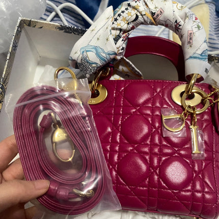 Sold Lady Dior Pink Mini handbag Cannage Leather with strap
