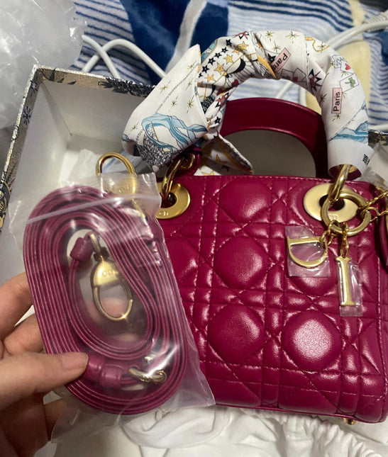 Sold Lady Dior Pink Mini handbag Cannage Leather with strap