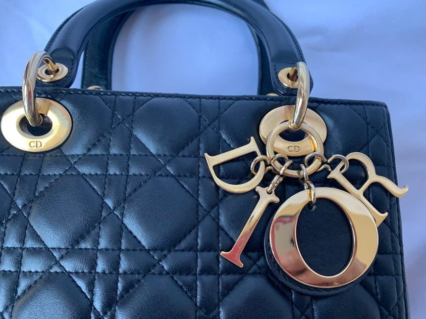 Sold Lady Dior Medium Black Cannage Lambskin Leather
