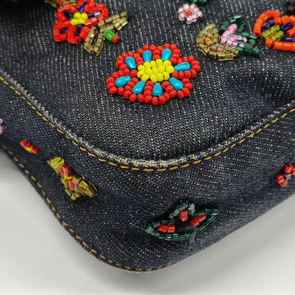 Sold FENDI Baguette Blue Denim with beaded Flower Embroidery