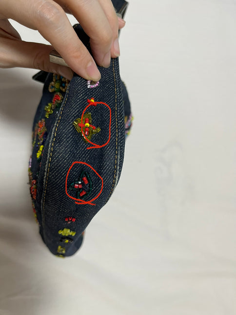 Sold FENDI Baguette Blue Denim with beaded Flower Embroidery