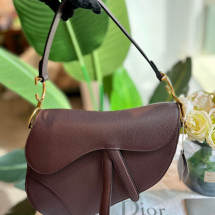Sold Dior Saddle Maroon Medium Grained Leather Handbag with Strap
