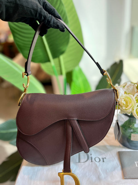 Sold Dior Saddle Maroon Medium Grained Leather Handbag with Strap