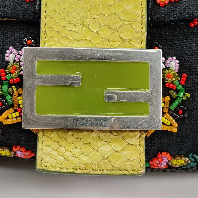 Sold FENDI Baguette Black Canvas with beaded Flower Embroidery