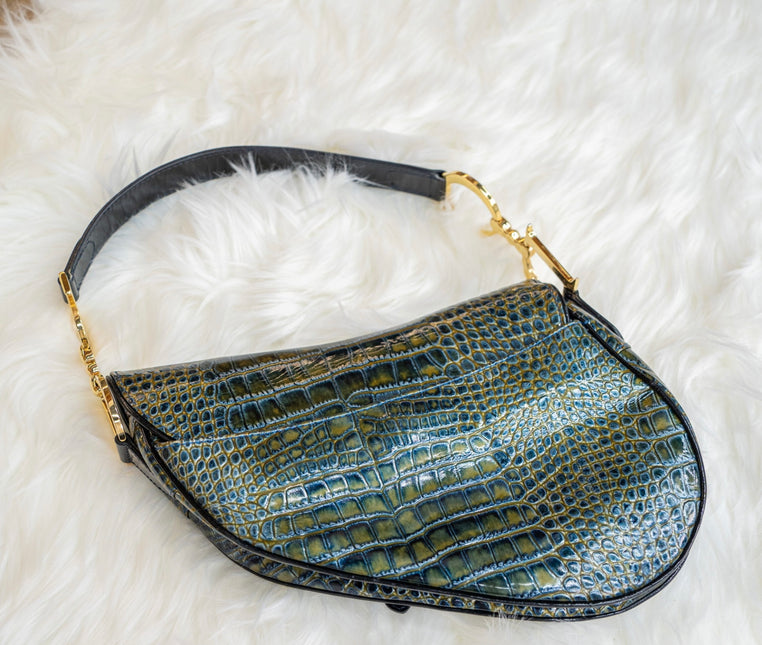 Sold Dior Saddle Green Medium Crocodile embossed Leather Handbag
