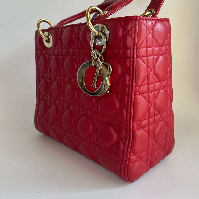 Sold Lady Dior Red Lambskin Cannage Leather Medium
