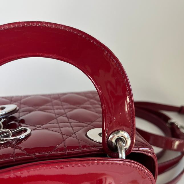 Sold Lady Dior Patent Leather Burgundy Mini handbag Cannage Leather with strap