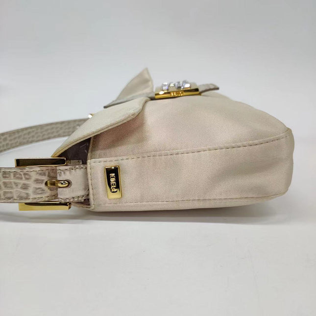 Sold FENDI Baguette Cream Biege Silk with Crystal Buckle
