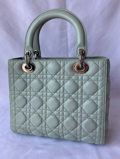 Sold Lady Dior Medium Mint Cannage Lambskin Leather with silver hardware and strap