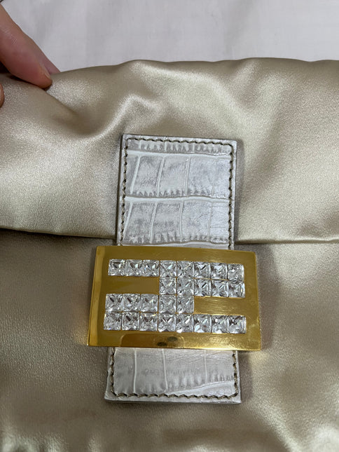 Sold FENDI Baguette Cream Biege Silk with Crystal Buckle