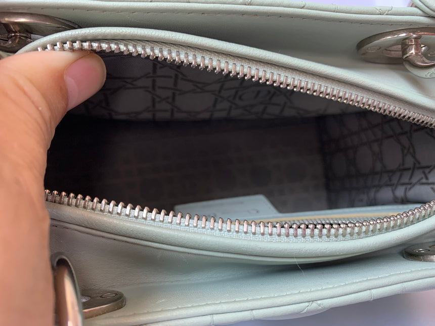 Sold Lady Dior Medium Mint Cannage Lambskin Leather with silver hardware and strap