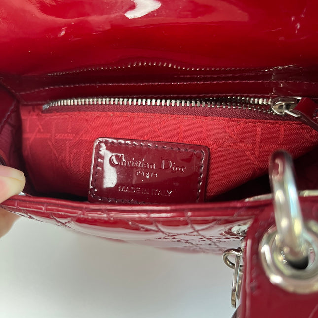 Sold Lady Dior Patent Leather Burgundy Mini handbag Cannage Leather with strap