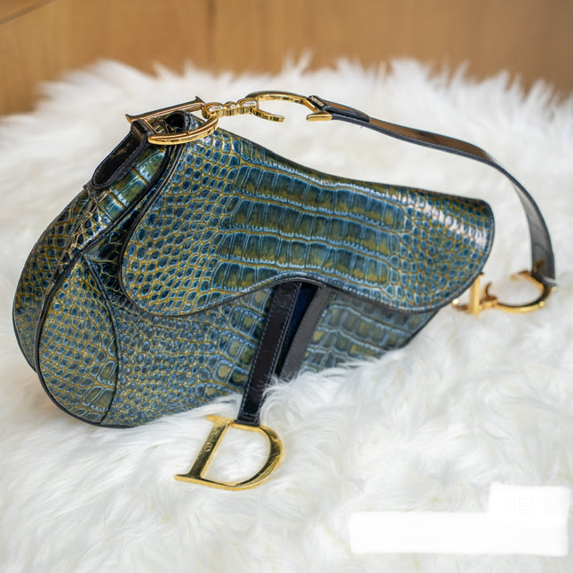 Sold Dior Saddle Green Medium Crocodile embossed Leather Handbag