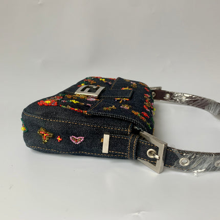 Sold FENDI Baguette Blue Denim with beaded Flower Embroidery