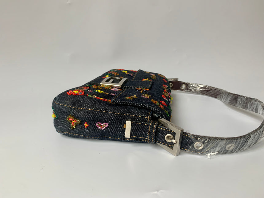 Sold FENDI Baguette Blue Denim with beaded Flower Embroidery