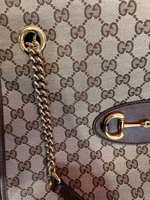 Sold Gucci 1956 horsebit chain tote in monogram canvas and brown leather