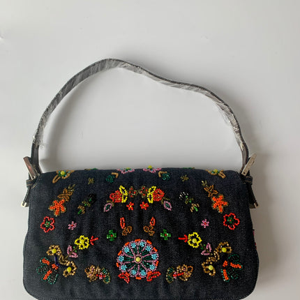 Sold FENDI Baguette Blue Denim with beaded Flower Embroidery