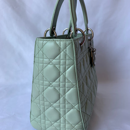 Sold Lady Dior Medium Mint Cannage Lambskin Leather with silver hardware and strap