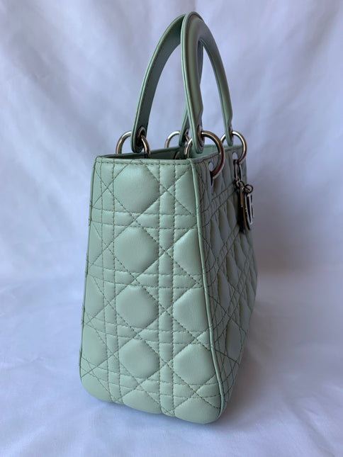 Sold Lady Dior Medium Mint Cannage Lambskin Leather with silver hardware and strap
