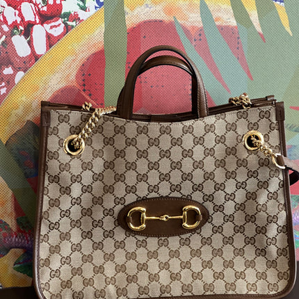 Sold Gucci 1956 horsebit chain tote in monogram canvas and brown leather
