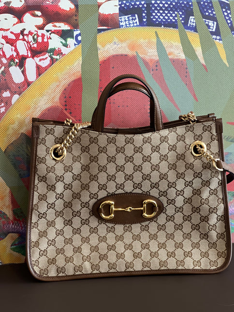 Sold Gucci 1956 horsebit chain tote in monogram canvas and brown leather