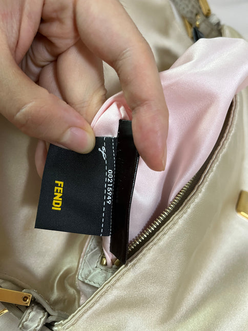 Sold FENDI Baguette Cream Biege Silk with Crystal Buckle
