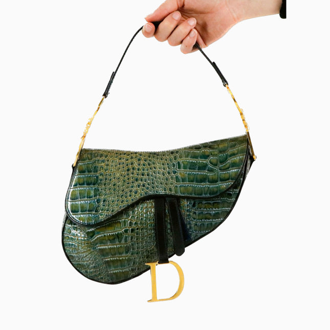 Sold Dior Saddle Green Medium Crocodile embossed Leather Handbag-Luxbags