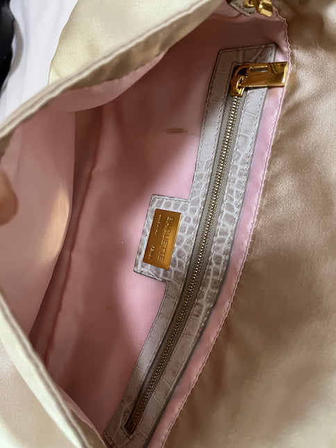 Sold FENDI Baguette Cream Biege Silk with Crystal Buckle