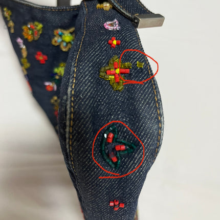 Sold FENDI Baguette Blue Denim with beaded Flower Embroidery