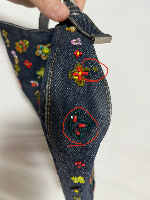 Sold FENDI Baguette Blue Denim with beaded Flower Embroidery