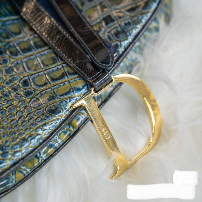Sold Dior Saddle Green Medium Crocodile embossed Leather Handbag