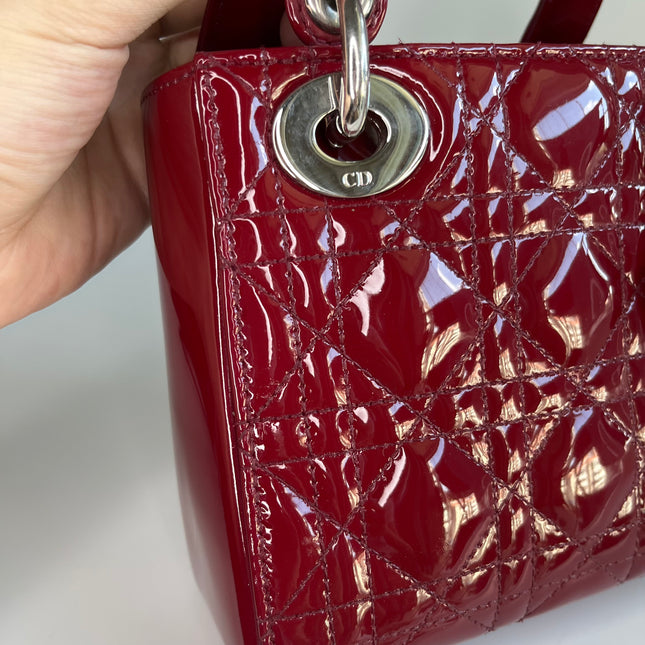 Sold Lady Dior Patent Leather Burgundy Mini handbag Cannage Leather with strap
